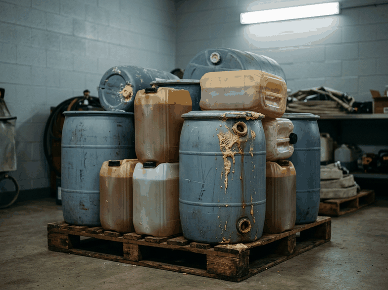 Drums of AFFF firefighting foam concentrate in a fire station storeroom